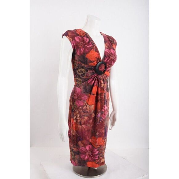 Cache Wool Blend Floral Sheath Dress Sz 2 Twist Front Buckle Red Pink V-Neck NWT - Picture 2 of 6
